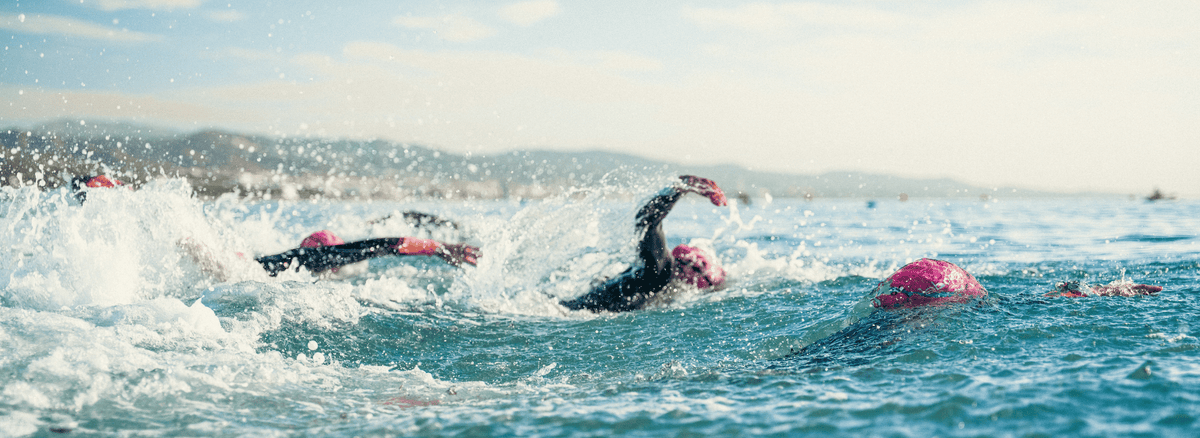 3 nageurs en mer, en crawl, vêtus de combinaisons néoprène Zone3 le matin de la course