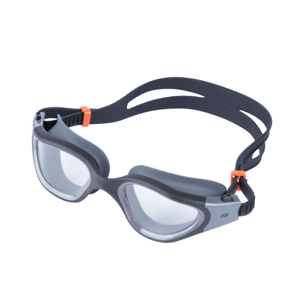 Lunettes de natation Vapour à monture grise avec touches d'orange sur une sangle noire
