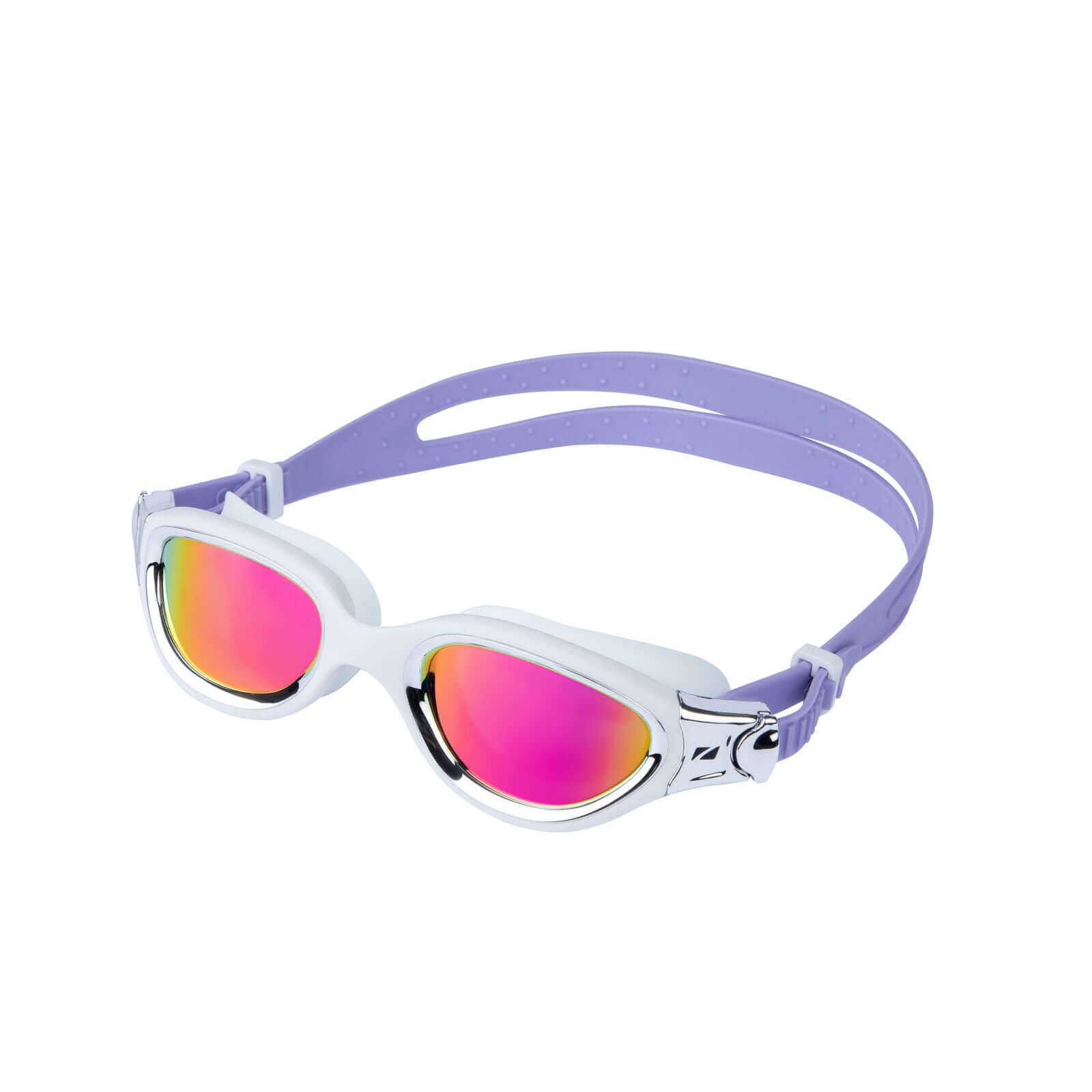 Lunettes de natation Venator-X à monture blanche, sangle violette et verres miroir roses