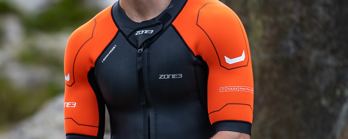 Close up of the sleeves, collar and zip of the Versa swim run wetsuit