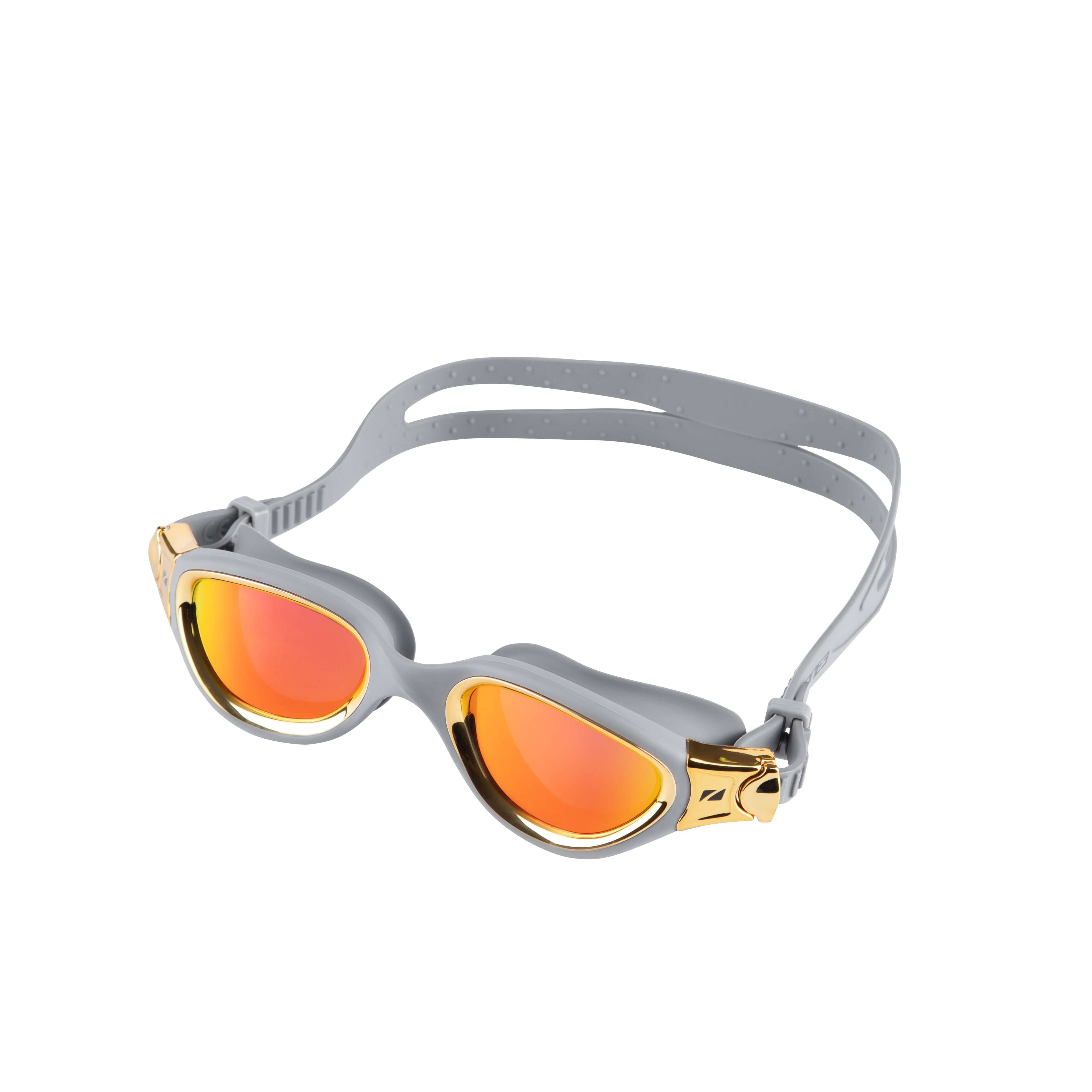 Lunettes de natation Venator-X à monture et sangle grises avec touches dorées, verres miroir orange